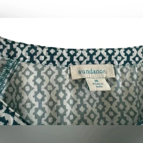 SUNDANCE Blouse Women's Size M Teal White Cotton Contrast Patterns Long Sleeve - Picture 6 of 13
